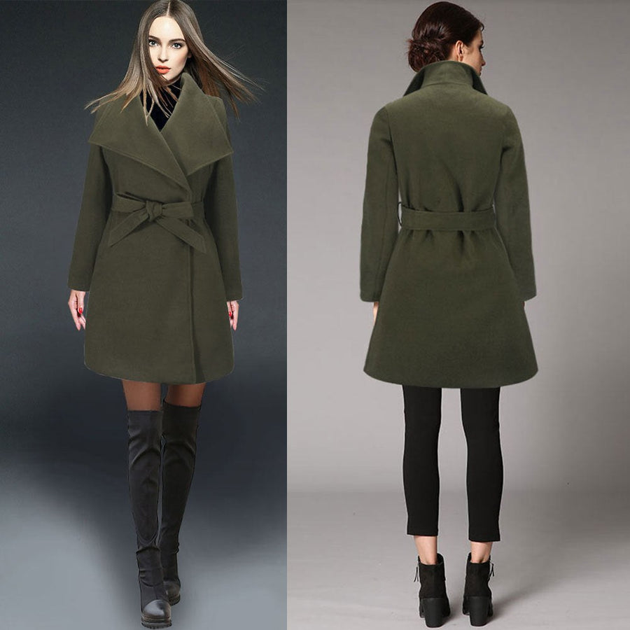Gaia Elegant Coat with Belted in Olive Green