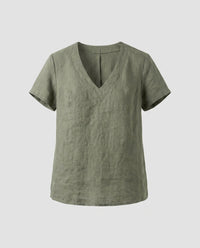 Genevieve Airy Linen Top with V-Neck in Green