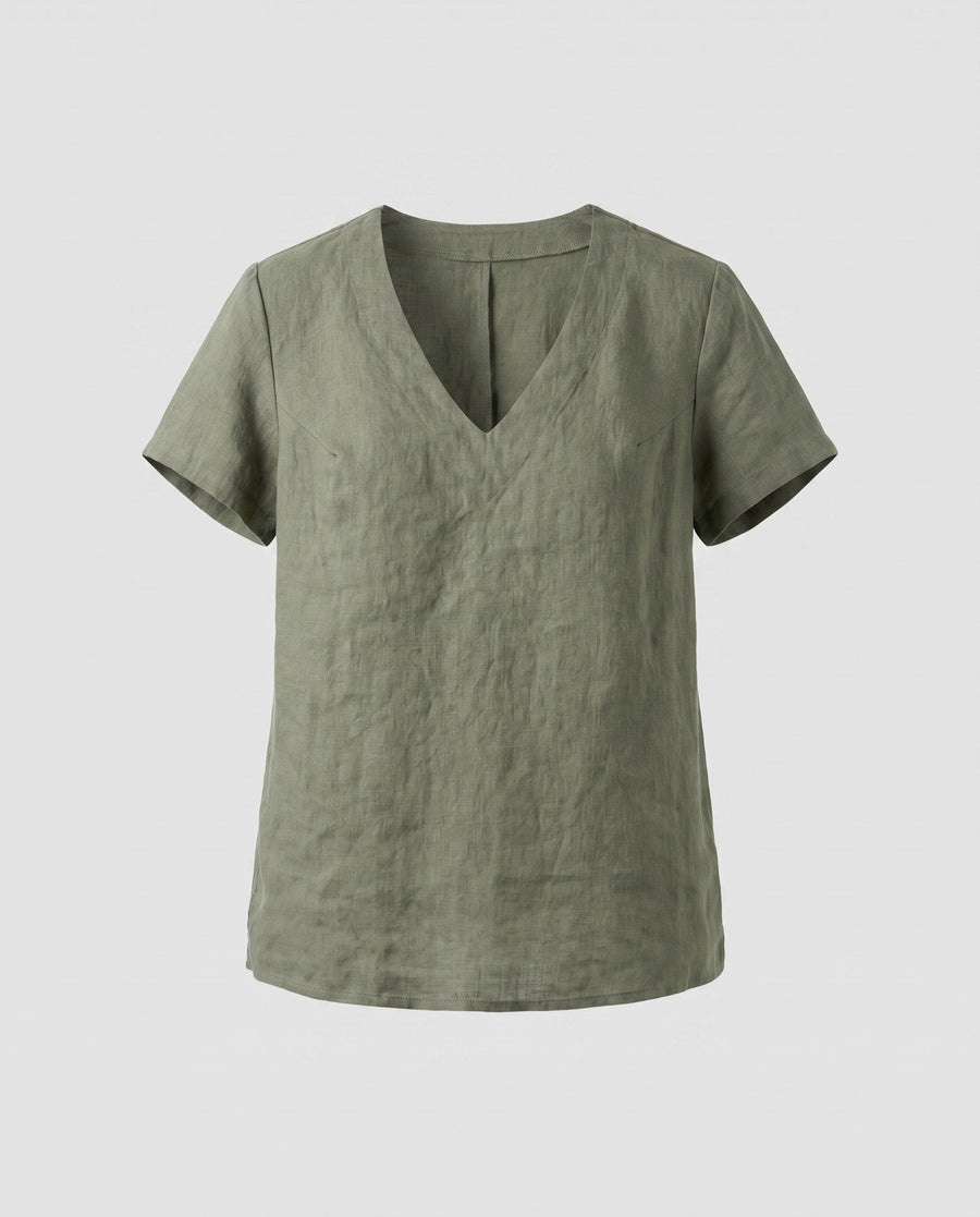 Genevieve Airy Linen Top with V-Neck in Green