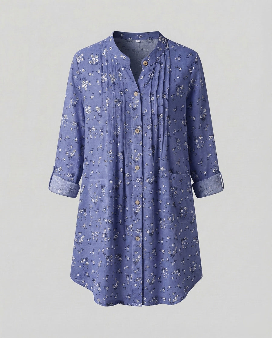 Genevieve Blouse with Stand Collar and Pleated in Blue