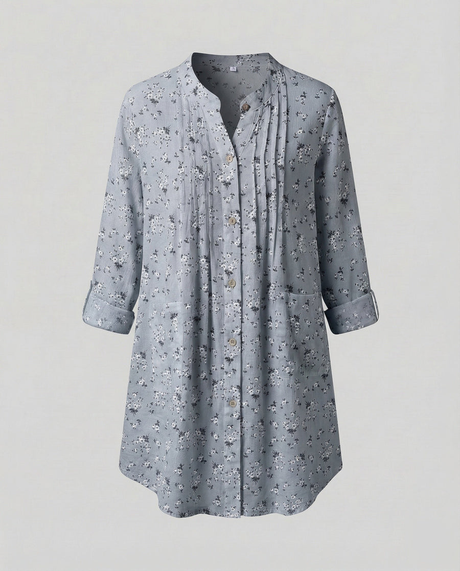 Genevieve Blouse with Stand Collar and Pleated in Green