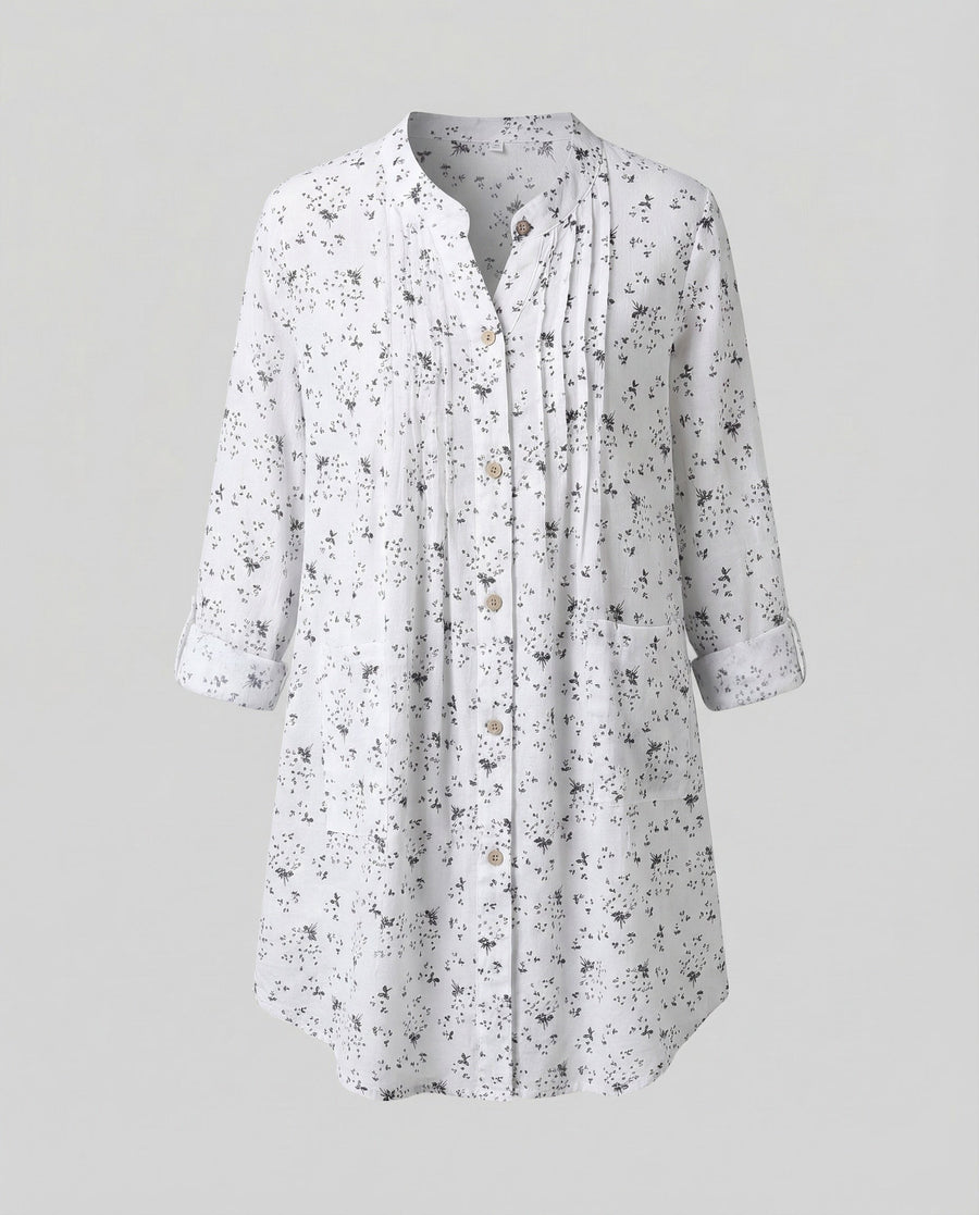 Genevieve Blouse with Stand Collar and Pleated in White
