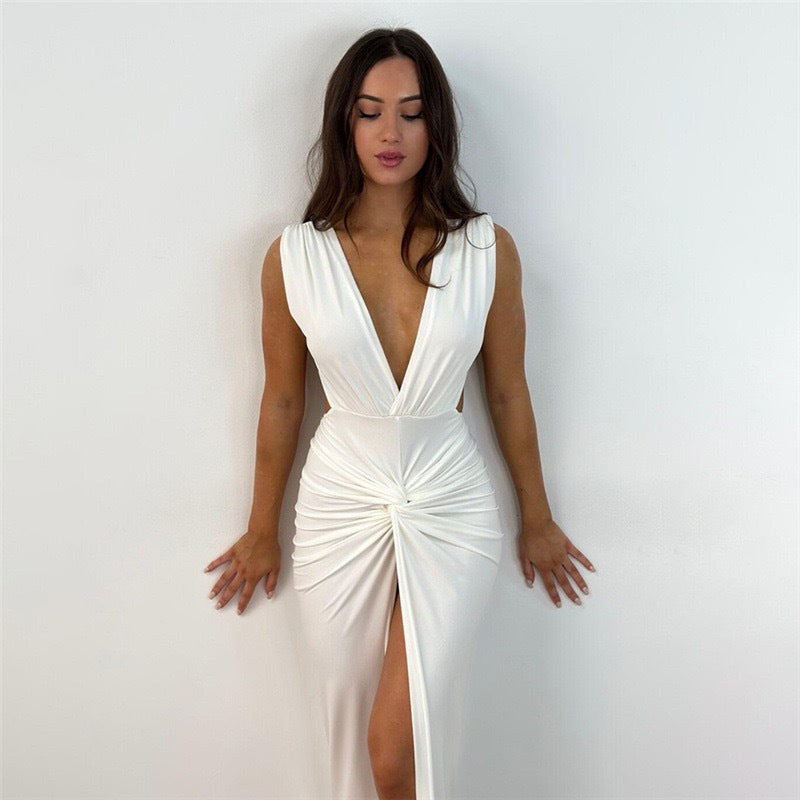 Genevieve Maxi Dress with V-Neck in White