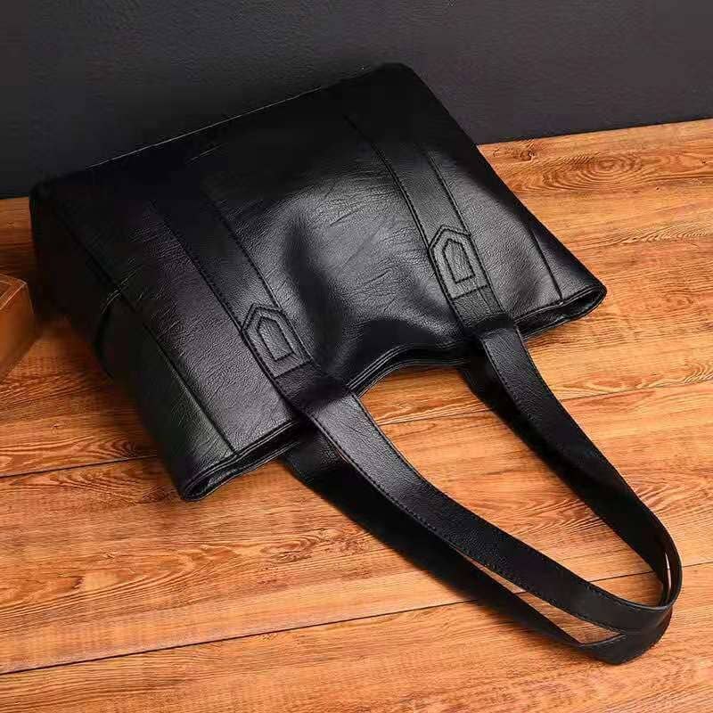 Genuine Women's Large Black Leather Tote Bag in Black