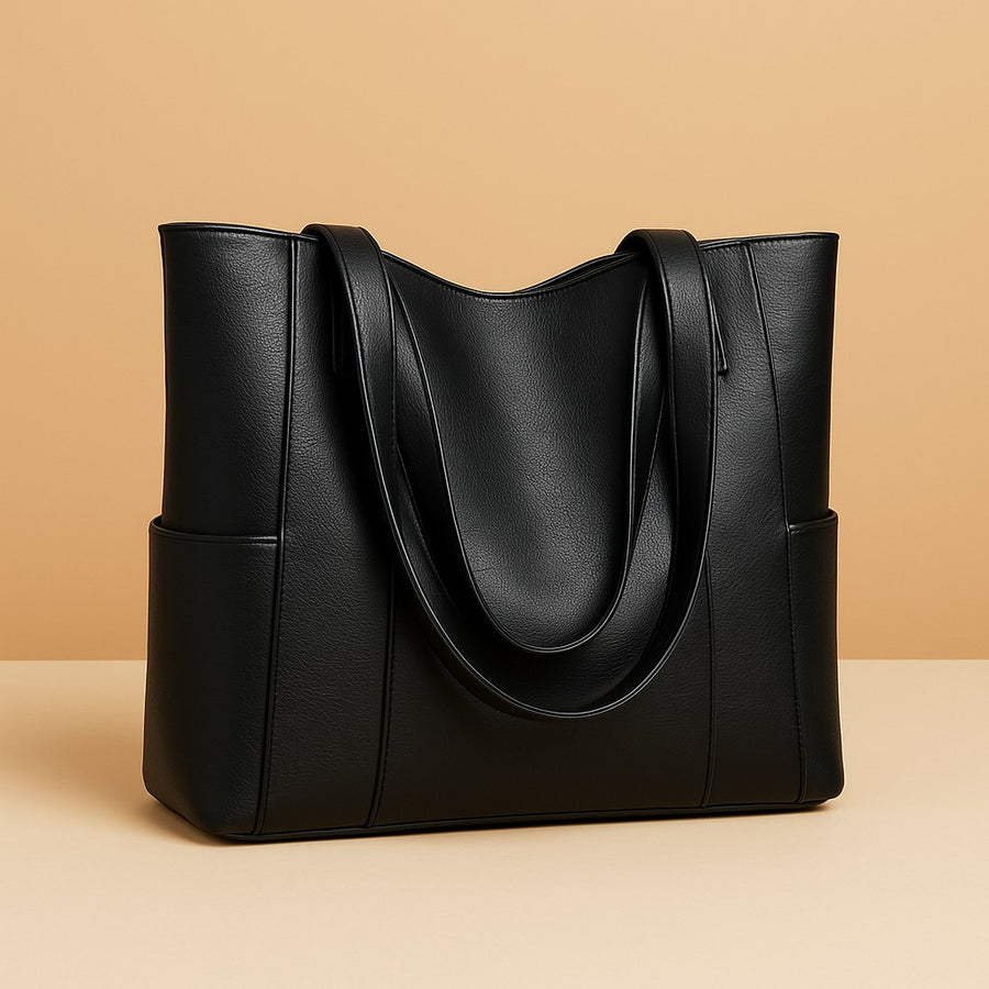 Genuine Women's Large Black Leather Tote Bag in Black