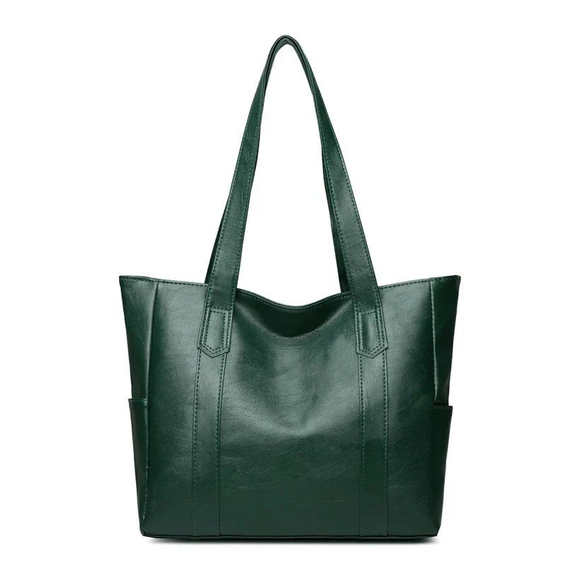 Genuine Women's Large Black Leather Tote Bag in Green
