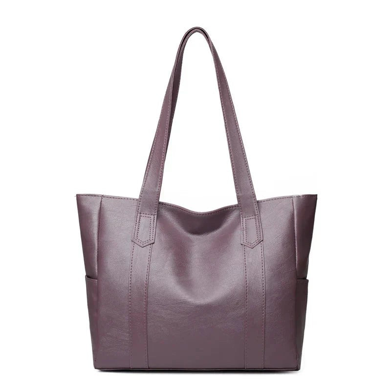 Genuine Women's Large Black Leather Tote Bag in Purple