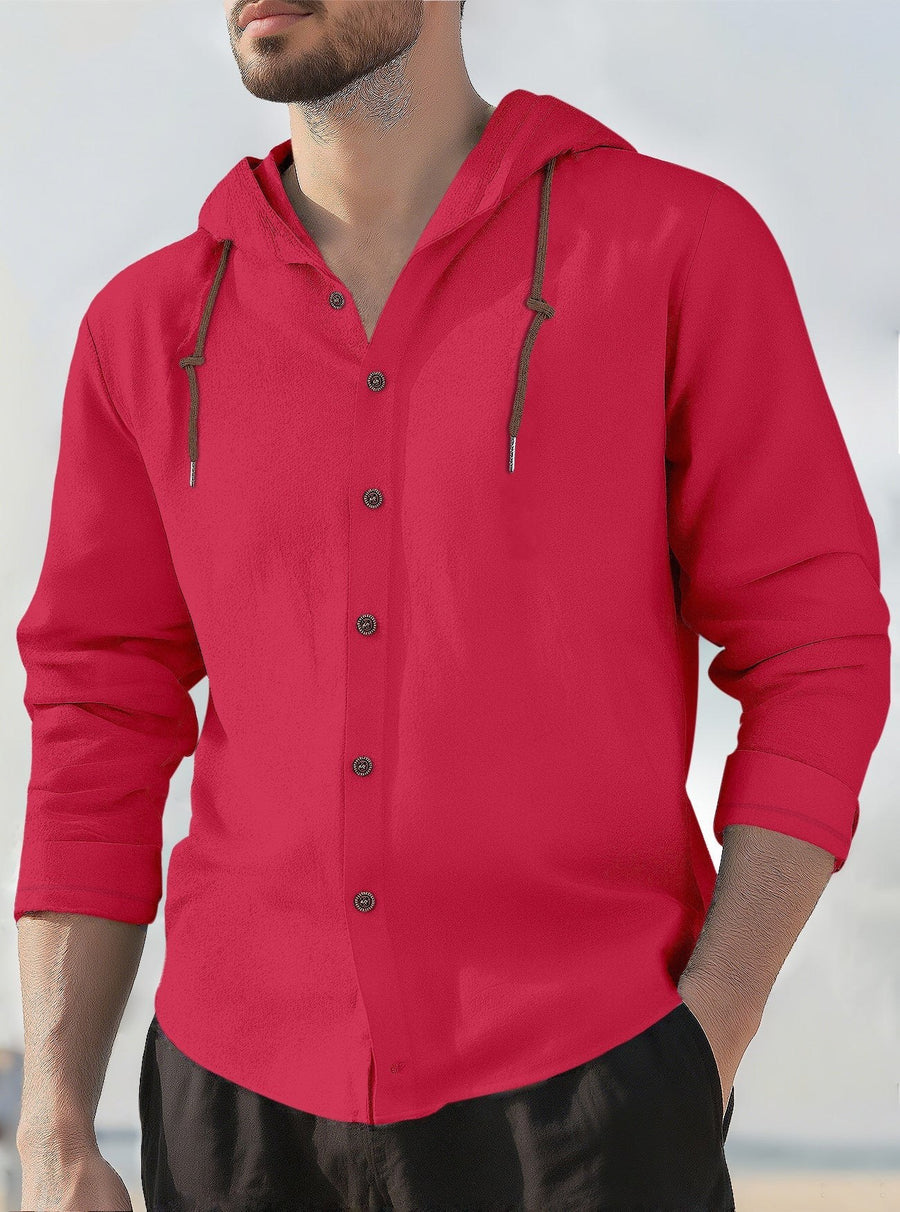 Gerrit Linen Blend Shirt with Button Front and Side Split in Wine Red