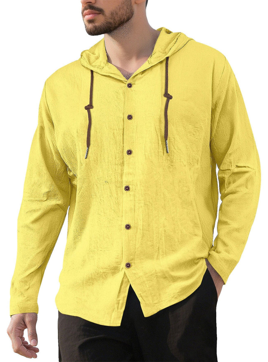 Gerrit Linen Blend Shirt with Button Front and Side Split in Yellow