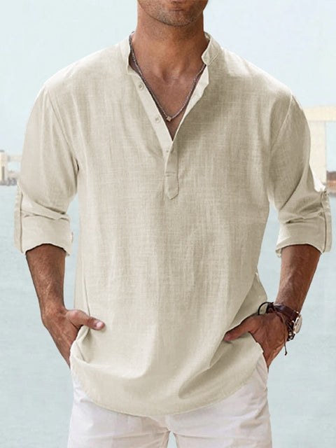 Gerrit Shirt with Stand Collar and Long Sleeve in Beige
