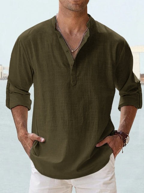 Gerrit Shirt with Stand Collar and Long Sleeve in Dark Green
