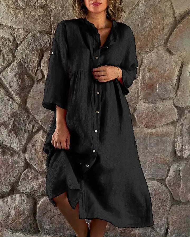 Gertrude Women's Shirt Dress V-Neck Long Sleeve Oversized Maxi Dress in Black