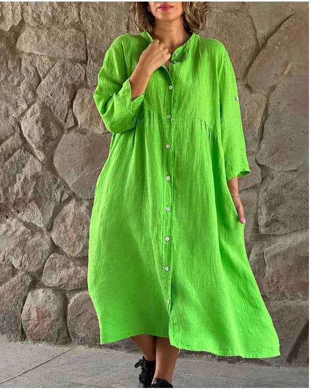 Gertrude Women's Shirt Dress V-Neck Long Sleeve Oversized Maxi Dress in Green