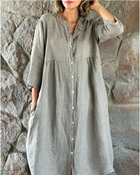 Gertrude Women's Shirt Dress V-Neck Long Sleeve Oversized Maxi Dress in Grey