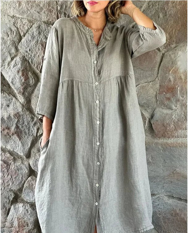 Gertrude Women's Shirt Dress V-Neck Long Sleeve Oversized Maxi Dress in Grey