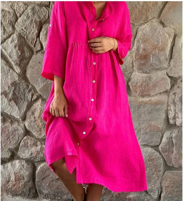 Gertrude Women's Shirt Dress V-Neck Long Sleeve Oversized Maxi Dress in Pink