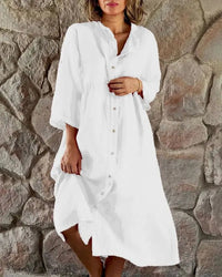Gertrude Women's Shirt Dress V-Neck Long Sleeve Oversized Maxi Dress in White