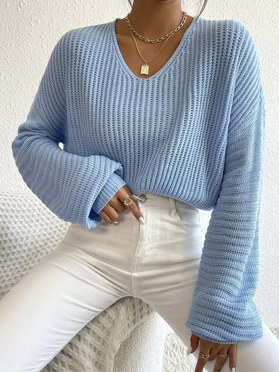 Gia Casual Knit Sweater with V-Neck in Light Blue