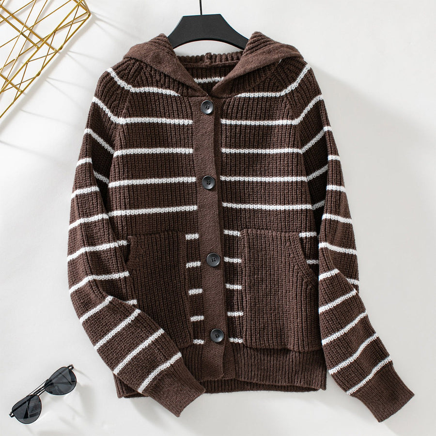 Gia Knit Cardigan with Pockets and Striped in Brown