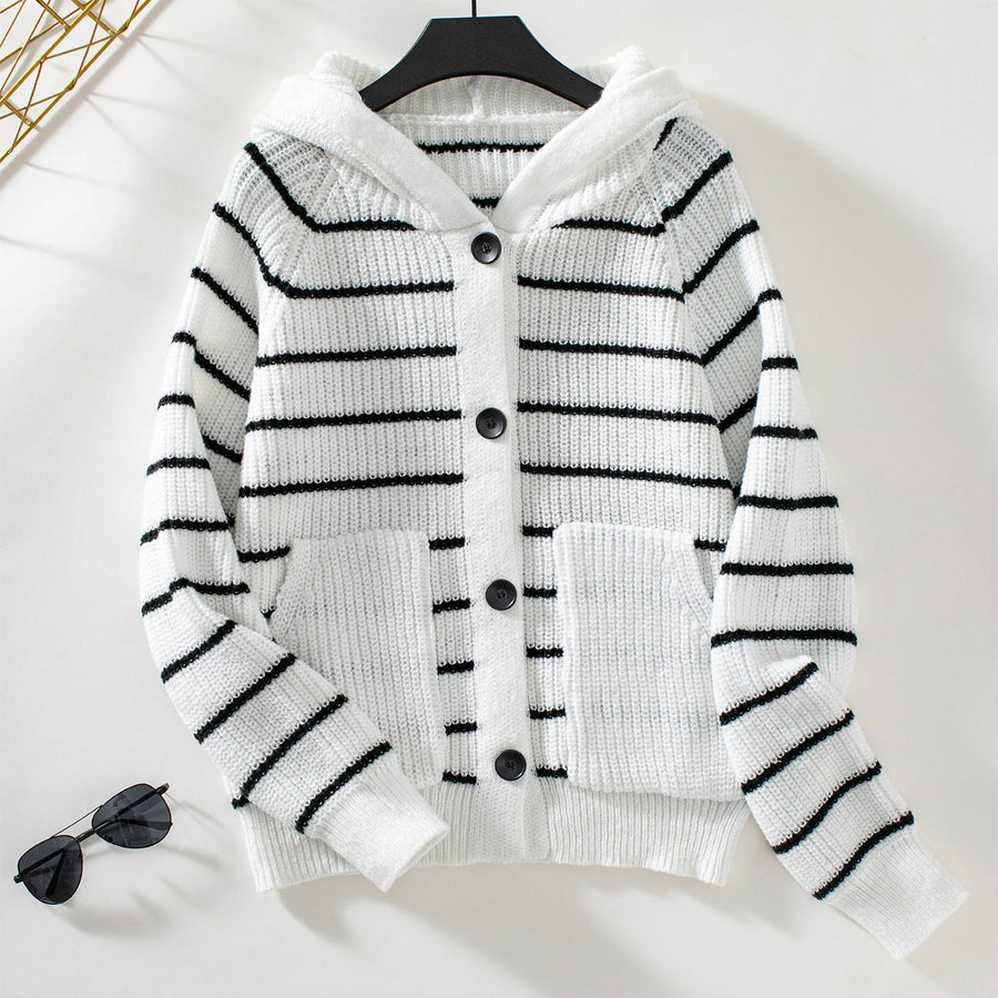 Gia Knit Cardigan with Pockets and Striped in Grey