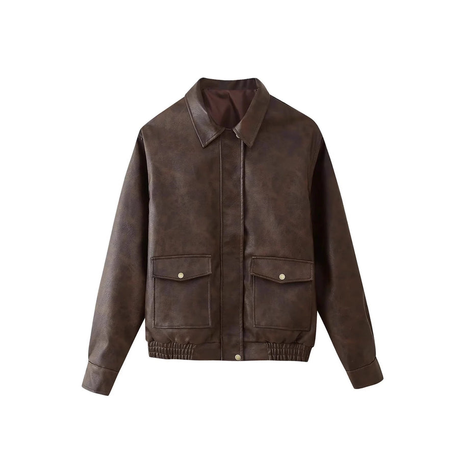 Gia Leather Jacket with Pockets in Dark Brown