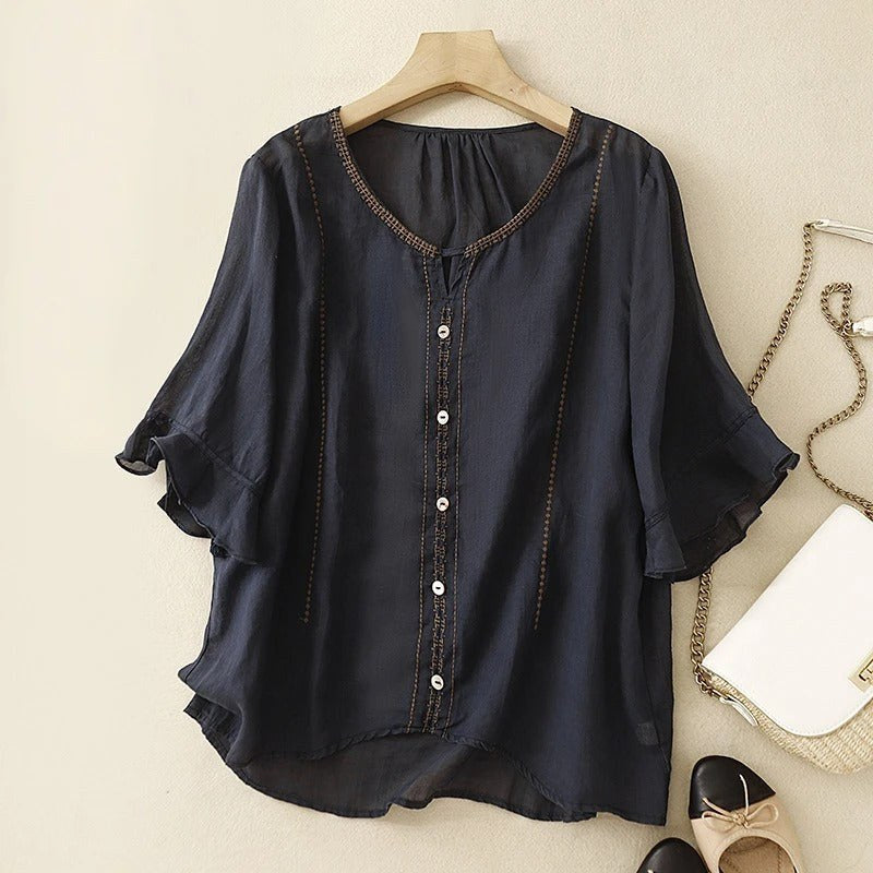 Gia™ Embroidered Ruffle Sleeve Blouse in Navy Blue