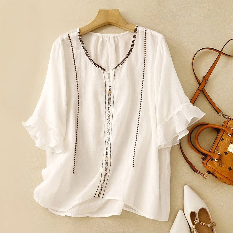 Gia™ Embroidered Ruffle Sleeve Blouse in White