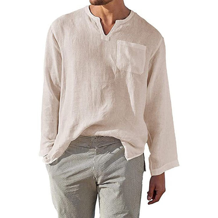 Gideon Linen Shirt with Long Sleeve and Chest Pocket in Apricot