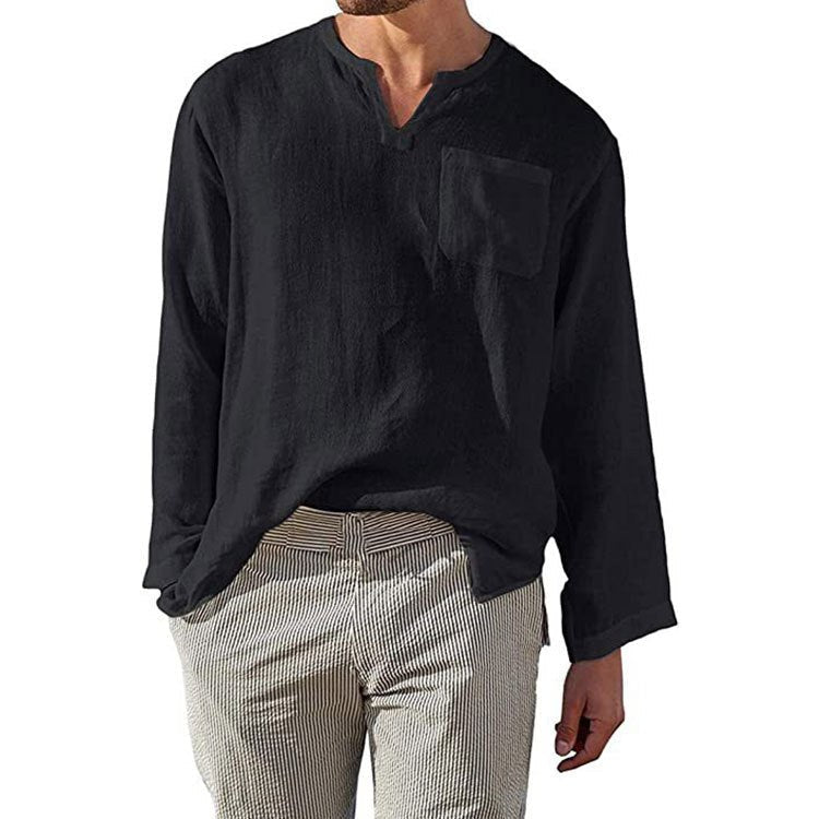 Gideon Linen Shirt with Long Sleeve and Chest Pocket in Black