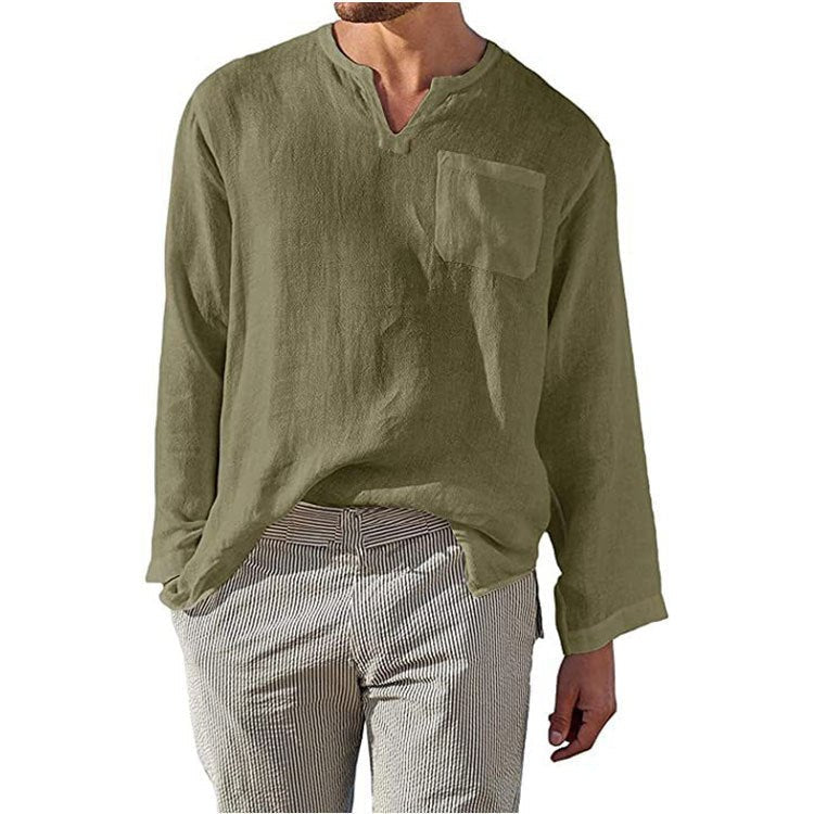 Gideon Linen Shirt with Long Sleeve and Chest Pocket in Green