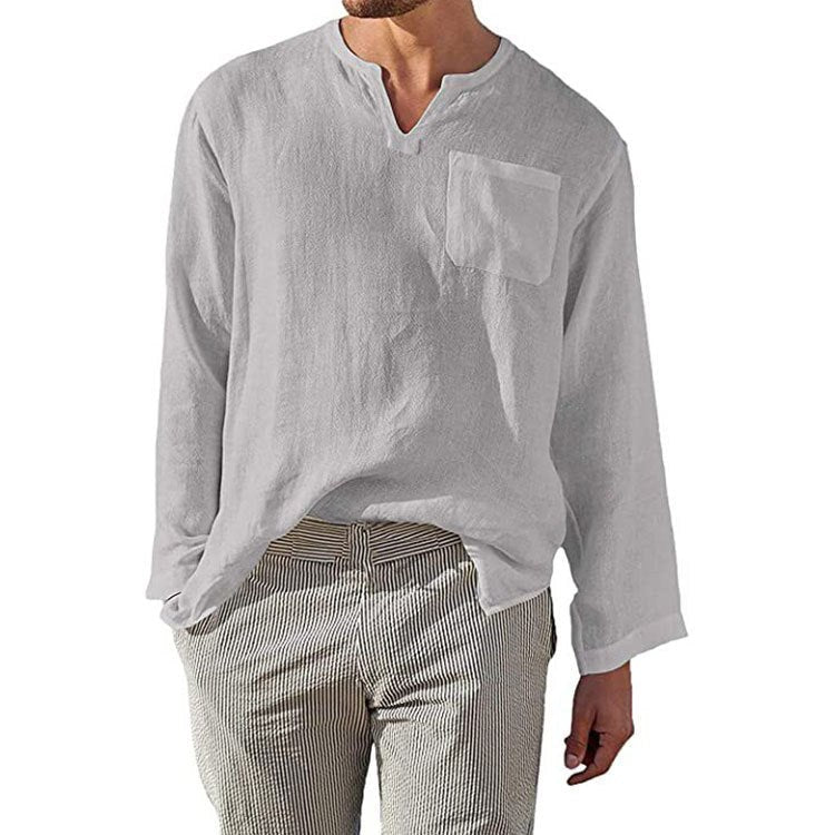 Gideon Linen Shirt with Long Sleeve and Chest Pocket in Grey