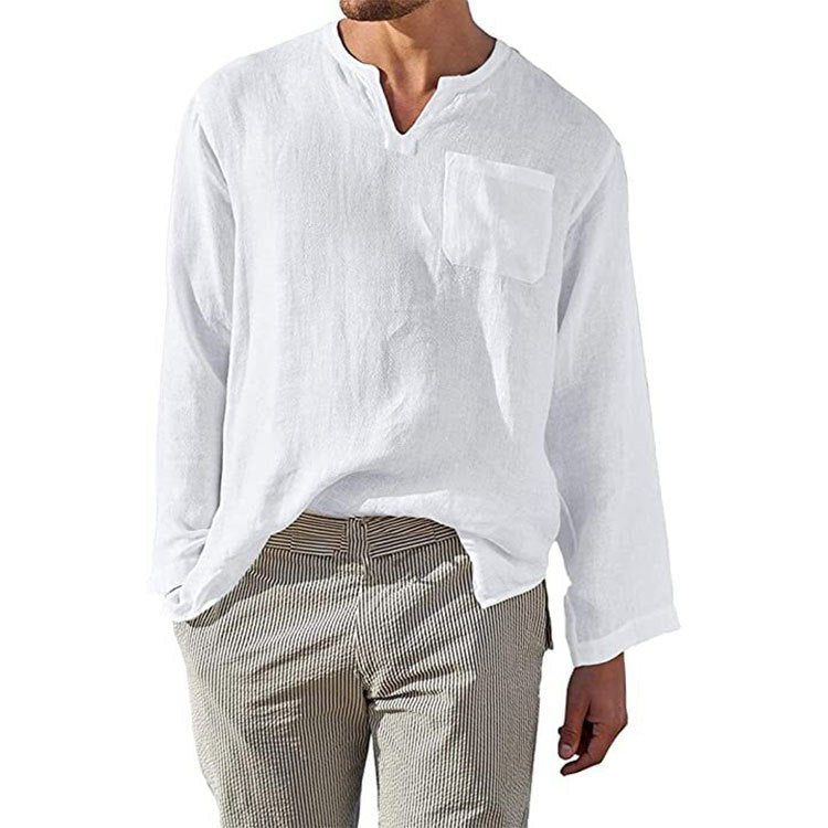 Gideon Linen Shirt with Long Sleeve and Chest Pocket in White
