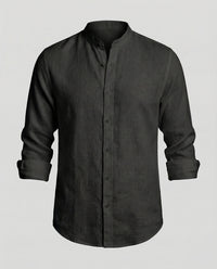 Gideon Linen Shirt with Stand Collar in Black