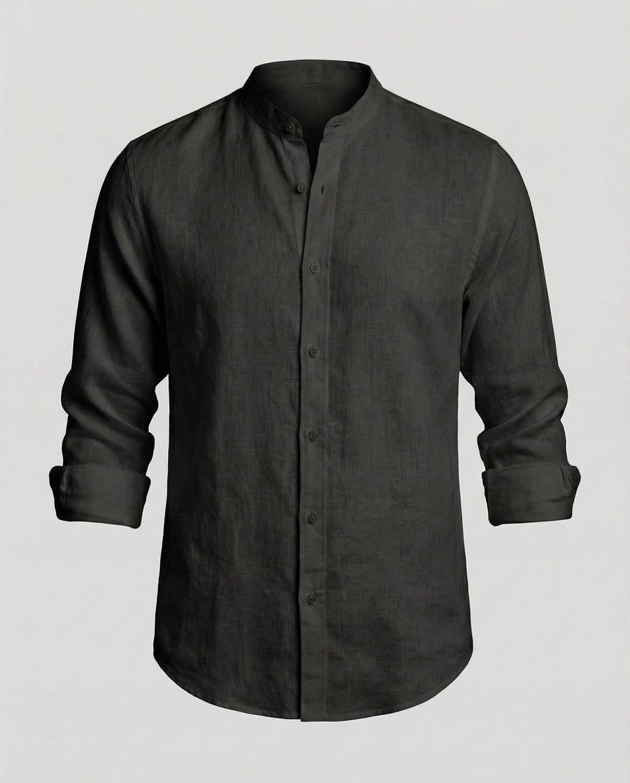 Gideon Linen Shirt with Stand Collar in Black