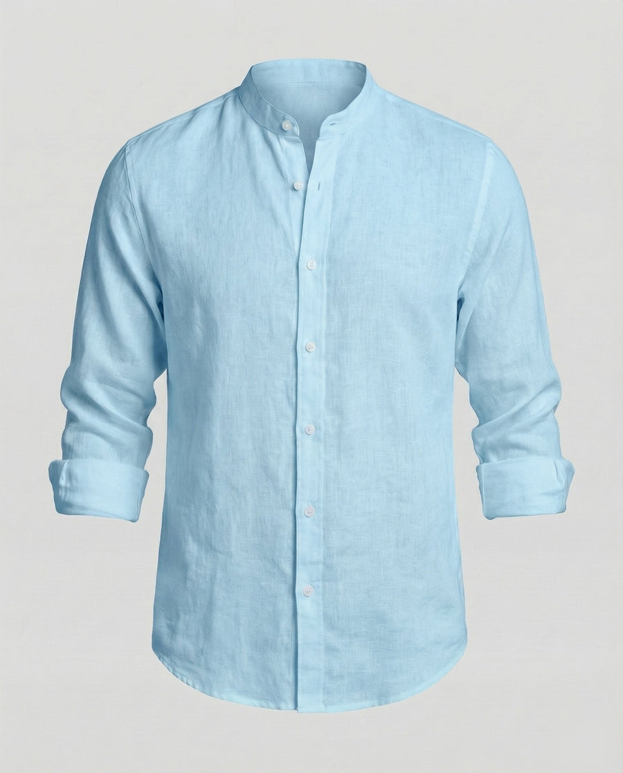 Gideon Linen Shirt with Stand Collar in Blue