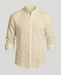 Gideon Linen Shirt with Stand Collar in Khaki