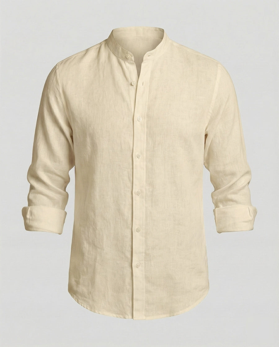 Gideon Linen Shirt with Stand Collar in Khaki