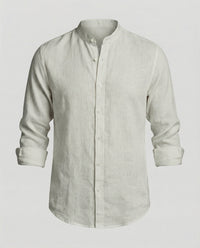 Gideon Linen Shirt with Stand Collar in Light Grey
