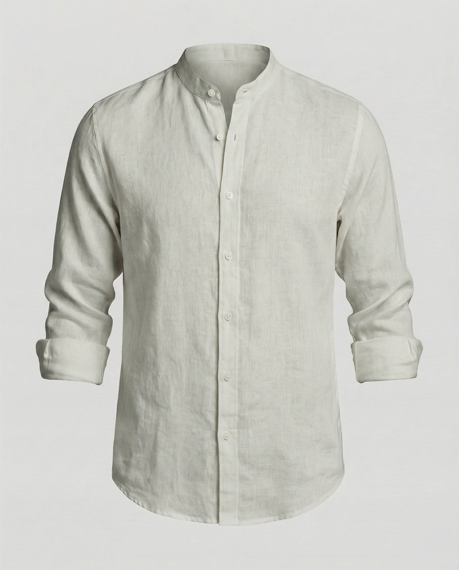 Gideon Linen Shirt with Stand Collar in Light Grey