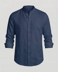 Gideon Linen Shirt with Stand Collar in Navy