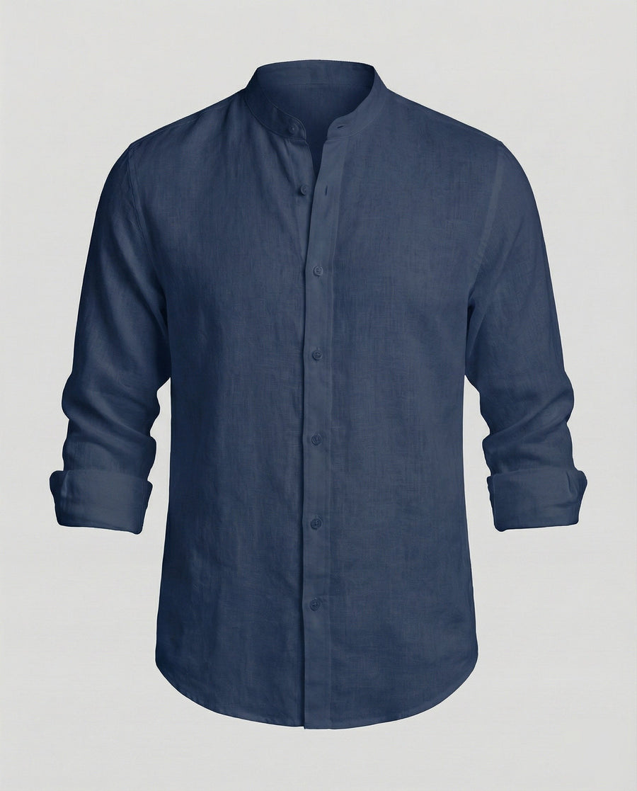Gideon Linen Shirt with Stand Collar in Navy