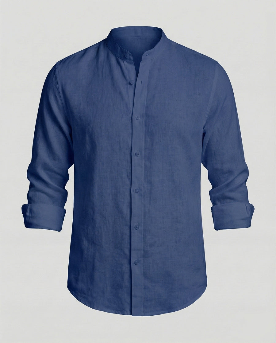Gideon Linen Shirt with Stand Collar in Navy