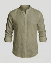Gideon Linen Shirt with Stand Collar in Olive Green
