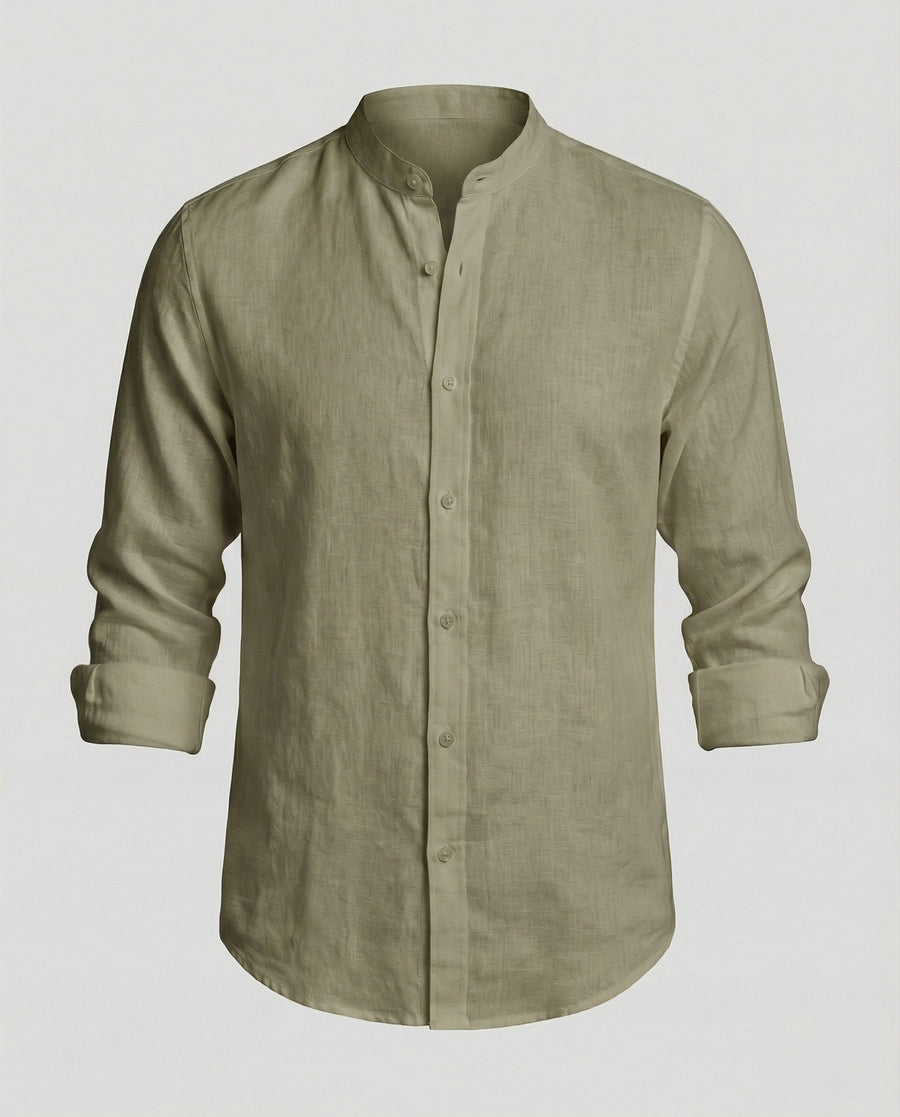 Gideon Linen Shirt with Stand Collar in Olive Green