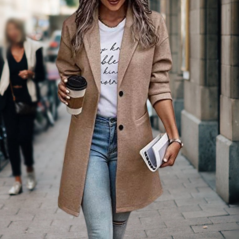 Gilda Elegant Coat with Pockets in Khaki
