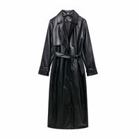 Gilda Elegant Leather Trench Coat with Belted in Black