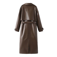 Gilda Elegant Leather Trench Coat with Belted in Dark Brown