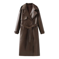 Gilda Elegant Leather Trench Coat with Belted in Dark Brown