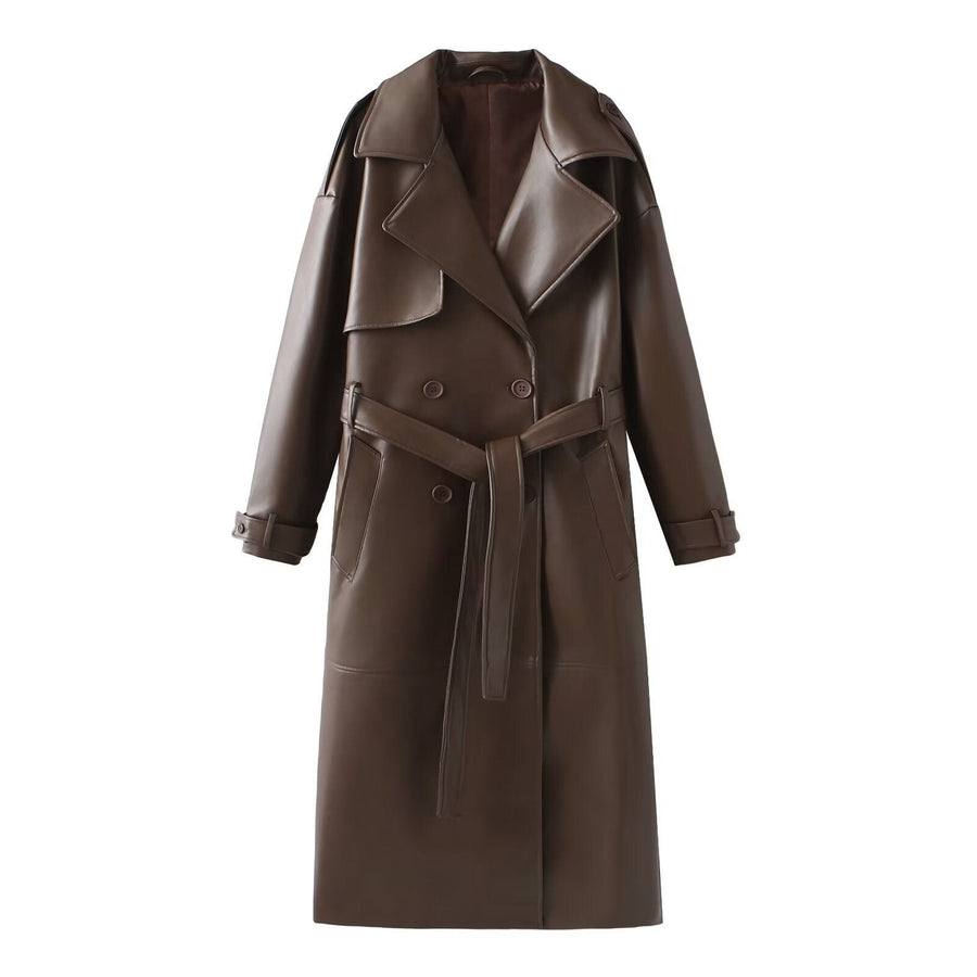 Gilda Elegant Leather Trench Coat with Belted in Dark Brown