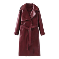 Gilda Elegant Leather Trench Coat with Belted in Wine Red